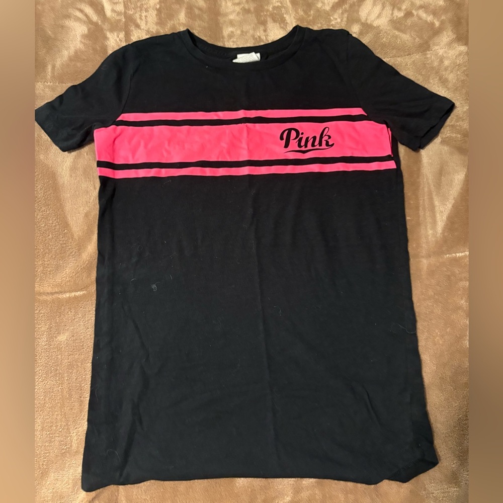 Victoria's Secret PINK Black Tee with Pink Stripe